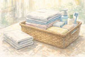 柔らかな日差しの中で、丁寧に折りたたまれたタオルや生活用品がカゴに入っている様子
